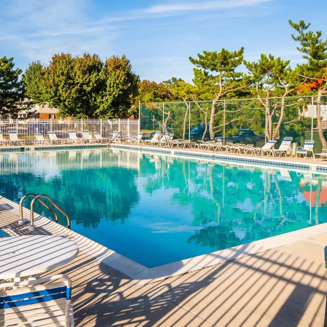Inviting outdoor pool with surrounding lounge chairs and lush trees.