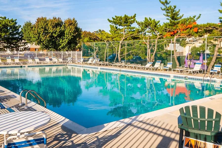 Outdoor pool surrounded by lounge chairs and trees under a clear blue sky.